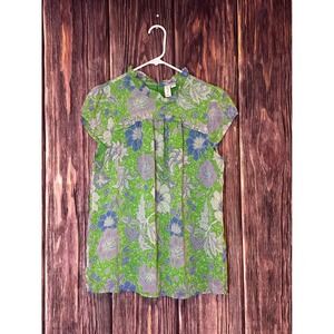 Joie Blouse Top Womens Large Green Floral Silk-Like Gold Metallic Cap Sleeve